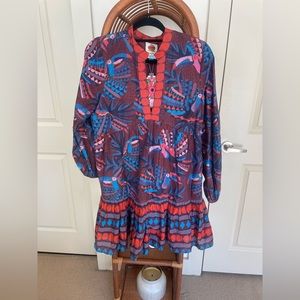 Farm Rio Long-Sleeve V-Neck Printed Mini Dress (NWT) Medium